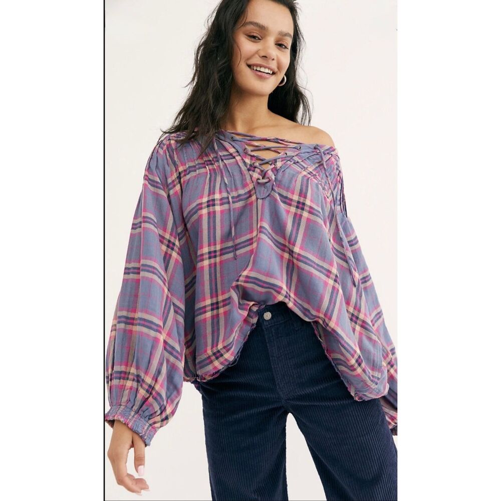 We The Free Cloud Breaker Plaid Lace Up Cottagecore Top Size XS